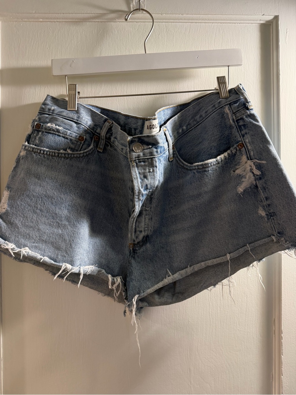 Agolde Medium Blue Distressed High-Rise Denim Cutoff Shorts